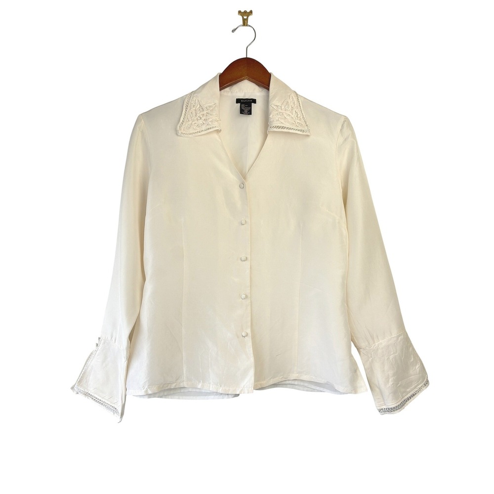Silkland VTG 100% Silk Blouse Coquette Romantic Embroidered Lace Button Up Top